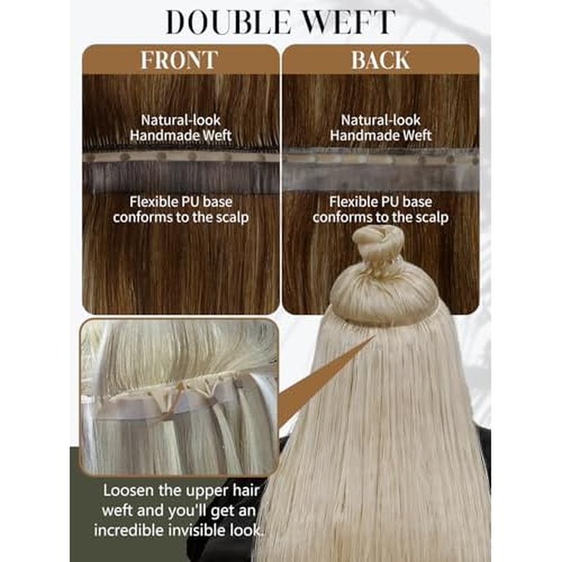 LOXXY Double Weft PU OVO Hair Extensions - 16 Inch 100g Seamless Balayage Chocolate Brown to Caramel Blonde - Invisible Butterfly Real Human Hair Extensions, 1PCS Micro Beads Genius Weft Width 31.5"