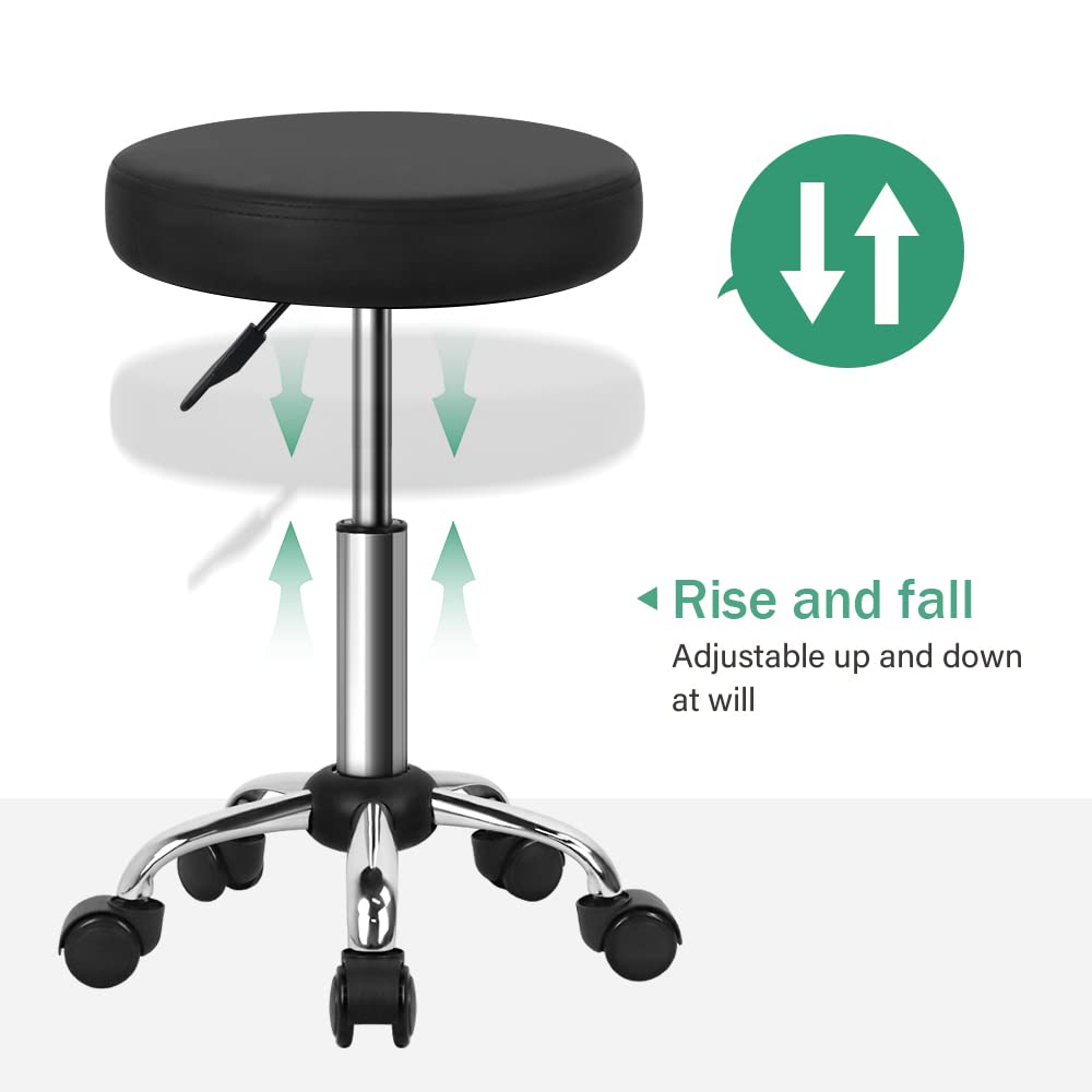 FURWOO Adjustable Salon Chair Small Rolling Stool with Wheels for Spa Salon Massage Home Office Black