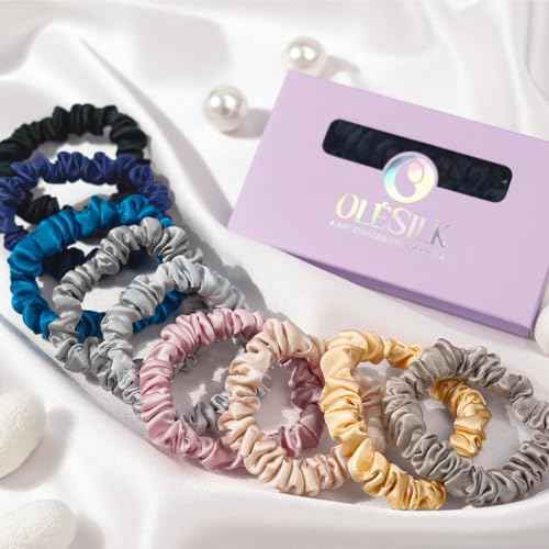 OLESILK Silk Hair Ties for Women: 100% Mulberry Skinny Silk Scrunchies, Soft Smooth No Damage No Crease for Thin Fine Curly Hair 5 Pack, Black
