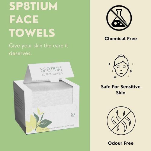 SP8TIUM Disposable Face Towel XL, Chemical Free Face Wipes, Ultimate Makeup Wipes, Vegan Skincare, Ultra Soft & Lint Free, 50 Disposable Towels