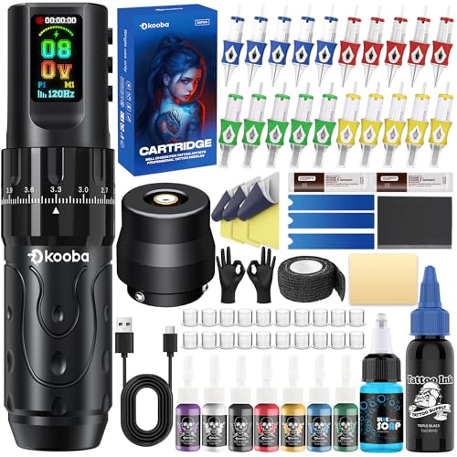 Tattoo Gun Kit with Kooba Wireless Tattoo Machine/Pen 1800mAh Battery Normal/Stippling Mode RCA Convert Adapter 3 Speed Memory Function 7 Strokes Length 20 Cartridges Needles for Artists & Beginners