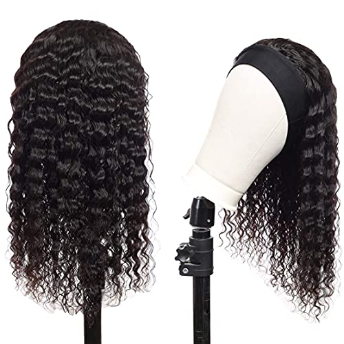Headband Wig Human Hair Deep Wave 18 inch None Lace Front Wig Human Hair Machine Made Wigs Glueless Curly Hair Headband Half Wigs for Black Women Human Hair Natural Color