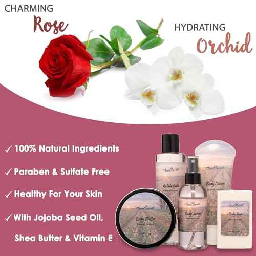 Spa Gift Baskets For Women - Luxury Bath Set With Rose Oil & Orchid - Spa Kit Includes Body Wash, Bubble Bath, Lotion, Body Butter, Soap, Body Spray, Shower Puff, and Towel