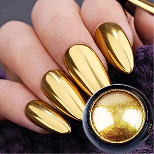 Holographic Mirror Gold Nail Chrome Powder Effect Metallic Dust Sequins UV Gel Gold Chrome Nail Powder Pigment for Nail Art Decoration, Gold Chrome Powder for Nails