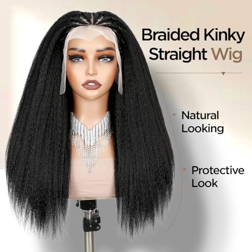 quickwig Kinky Straight Wig Braided Wigs for Black Women Yaki Straight Wig 13x4 Lace Front Braided Wigs 22 Inch Black Glueless Pre Braid Wig Synthetic Handmade Cornrow Braids Wig