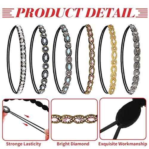 Jutom 6 Pieces Rhinestone Beaded Headbands Elastic Rhinestone Headbands Vintage Crystal Beaded Stretchy Hairbands Jewelry Hair Accessories for Women and Girls
