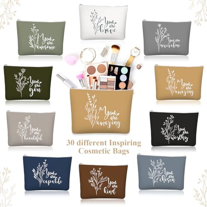 Coume 30 Pcs Inspirational Canvas Makeup Bags Bulk Christmas Employee Appreciation Gift for Women Motivational Cosmetic Bags with Zipper Boho Makeup Pouch for Rad Tech Nurse Coworker(Aesthetic)