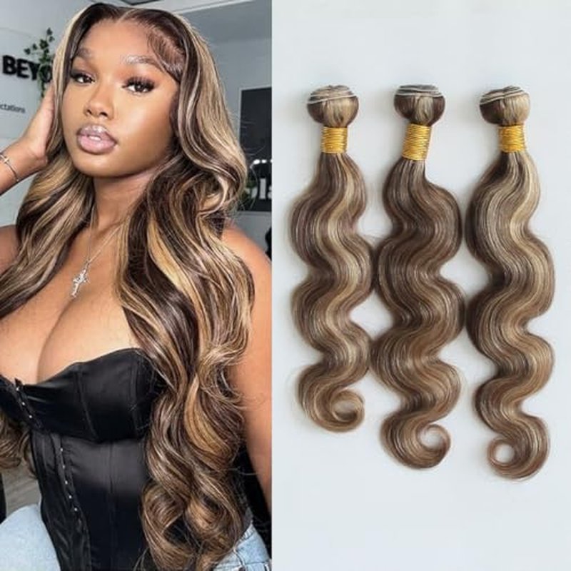 8A Machine Double Weft Raw Brazilian Virgin Human Hair Extensions Highlight P4/27 Brown Honey Blonde Body Wave 3 Bundles 14" 16" 18"