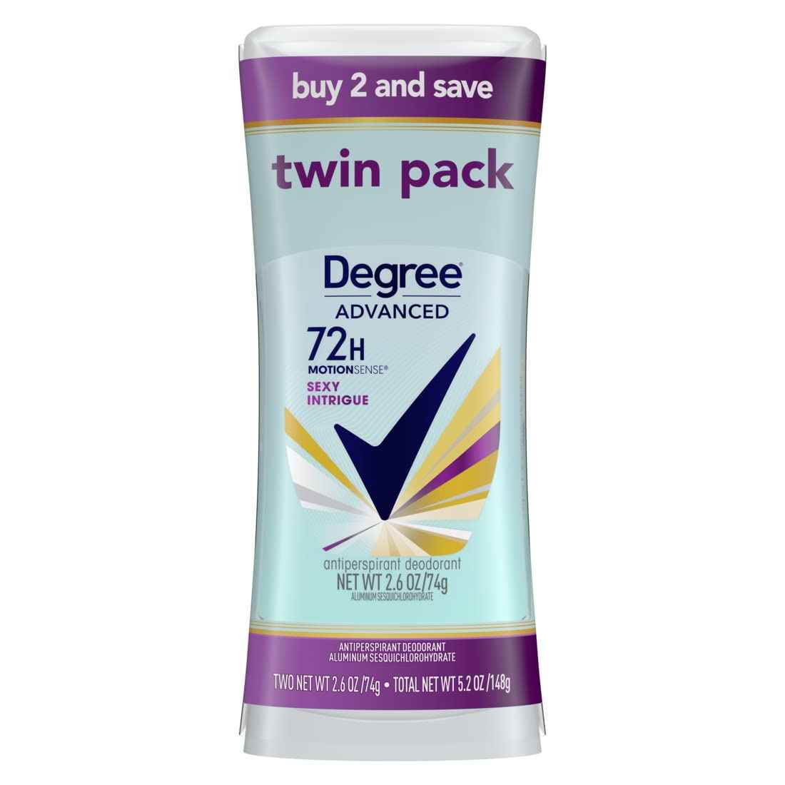 Degree Advanced Antiperspirant Deodorant 72-Hour Sweat & Odor Protection Sexy Intrigue Antiperspirant Deodorant For Women with MotionSense Technology 2.6 oz, Twin Pack