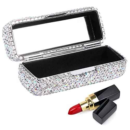 CALIDAKA Crystal Lipstick Case Holder Shiny Rhinestone Lipstick Organizer with Mirror Portable Bling Diamonds Lipstick Storage Holder Lip Gloss Makeup Storage Bag