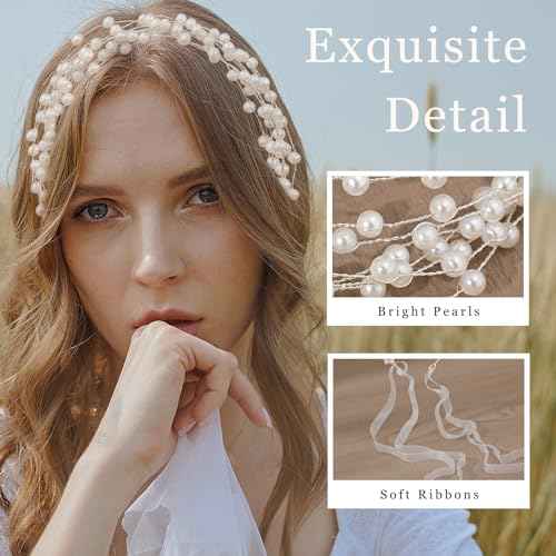 White Pearl Headpiece Elegant Bridal Headband Layered Ribbons Wedding Crown Circlet Multi-Layer Beaded Princess Hair Accessories for Bride Bridesmaid Flower Girl