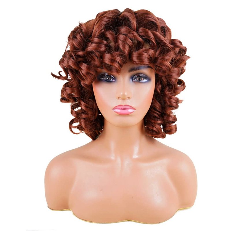 AIDUSA Big Curly Wigs for Black Women Synthetic Loose Curly Wigs with Bangs 14 Inch Auburn Brown Short Wigs Synthetic Hair Natural Wigs for Women (Copper Auburn)