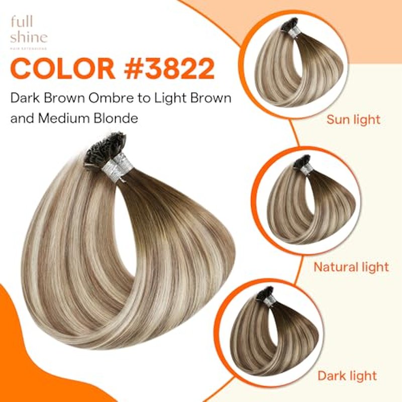 Full Shine U Tip Hair Extensions Human Hair 24 Inch Medium Brown Fading to Honey Blonde Highlighted Ash Brown K Tip Hair Extensions Real Human Hair 50 Grams Prebonded Fusion Extensions add Length