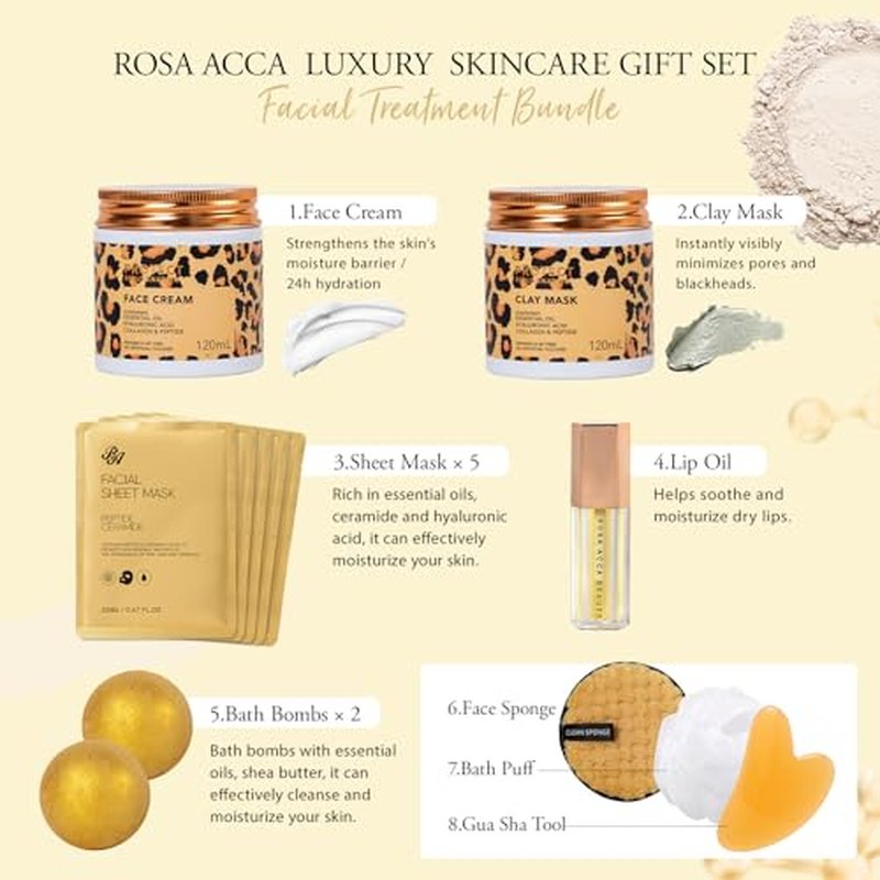Leopard 32 Pcs Facial Skin Care Set, Spa & Self-Care Gifts, Bath and Body Gifts for Women, Lip Oil, Face Sheet Mask, Bath Oil, Hyaluronic Acid, Birthday, Christmas, Valentines