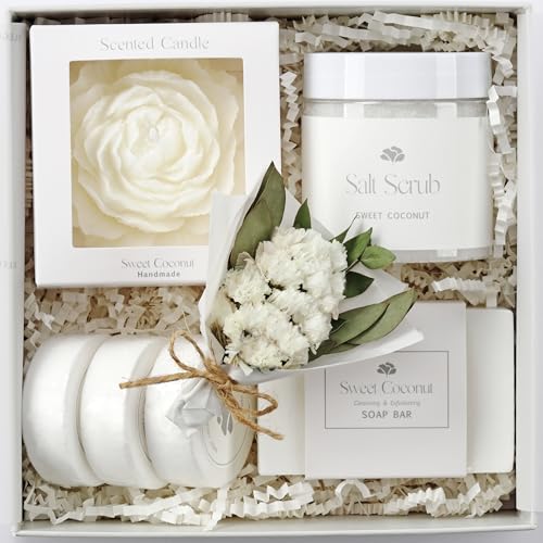 Sweet Coconut Small Spa Gift Set for Women ? Relaxation Gift Basket with Candle, Soap, Salt Scrub & Shower Steamers ? Unique Birthday, Bridal Shower, Christmads, Thank You & Self Care Gifts