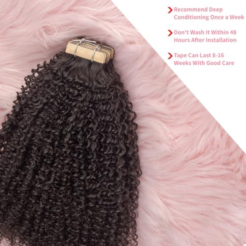 Invisible 4C Afro Kinky Curly Tape in Hair Extensions for Black Women Niawigs Black Color Real Human Hair Tape ins, 40PCS Double Sided PU Skin Weft 24 Inches