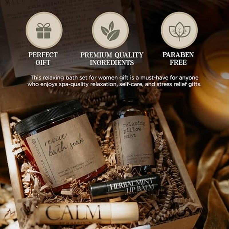 SOULISTIC ROOT Spa Kit for Women ? Relaxing Self Care Gift Set with Lavender Pillow Spray, Mint Lip Balm, Calm Essential Oil Roller & Epsom Salt Bath Soak ? Luxury Pampering Package for Home & Bath