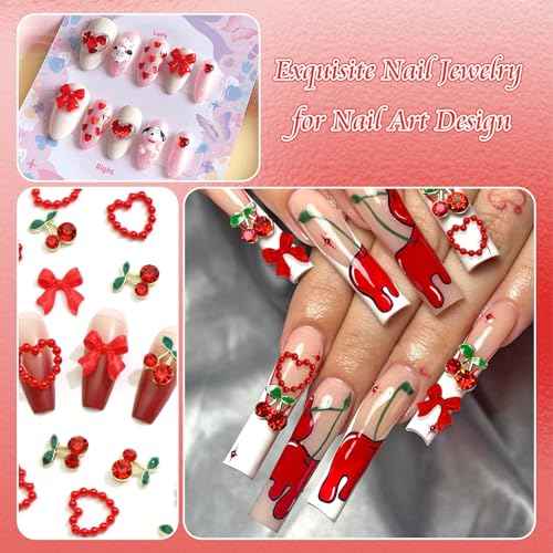 BELICEY 120Pcs Bow Nail Charms Red Acrylic Flatback Heart Nails Decoration Alloy Cherry Charms for Nails Gems and Rhinestones for Women Manicure DIY Nail Art Design Crafts