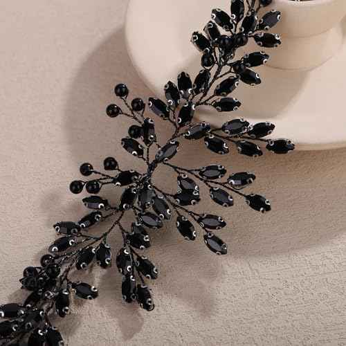 Teyglen Gothic Black Crystal Rhinestone Headband Bridal Crystal Pearl Wedding Hair Vine Simple Rhinestone Hair Piece Halloween Headpiece Costume Hair Accessories for Women(Black)