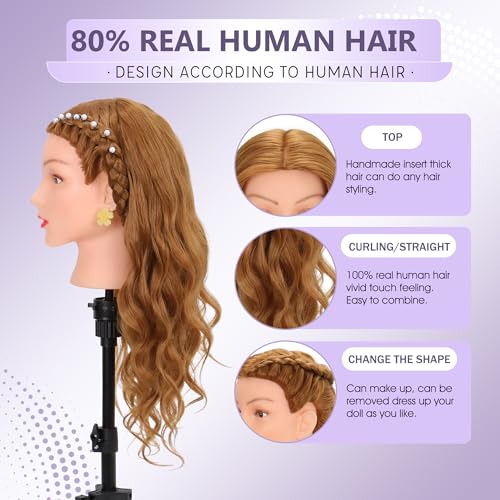 Mannequin Head with 80% Human Hair Cosmetology Practice Doll Head for Braiding Cutting Styling 26-28¡± Manikin Head with Tools and Tripod Stand (Blonde)
