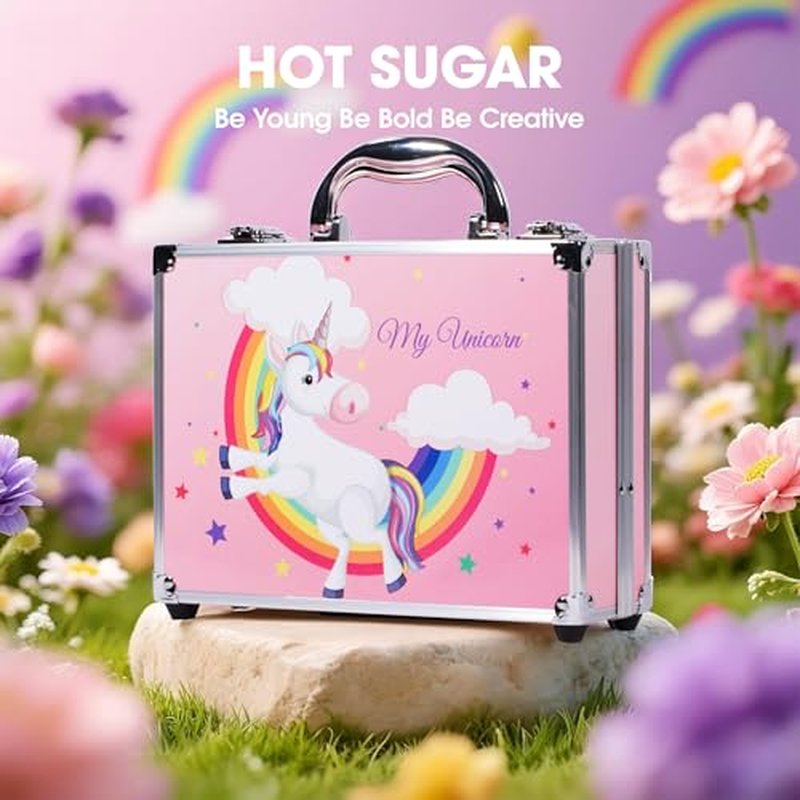 Hot Sugar Makeup Kit for Girls, Kids Makeup Set with Unicorn Train Case Includes Eyeshadow Palette, Blush, Lipstick, Lip Pencil, Eye Pencil