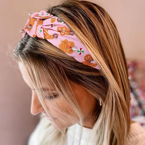 CiyvoLyeen Gingerbread Headband Ribbon Knotted with Jeweled Rhinestones for Women Wide Hot Pink Red Cookies GibberyHouse Hair Bands Girls Hair Accessories Gift Exchange Ideas 3PCS Christmas Gift