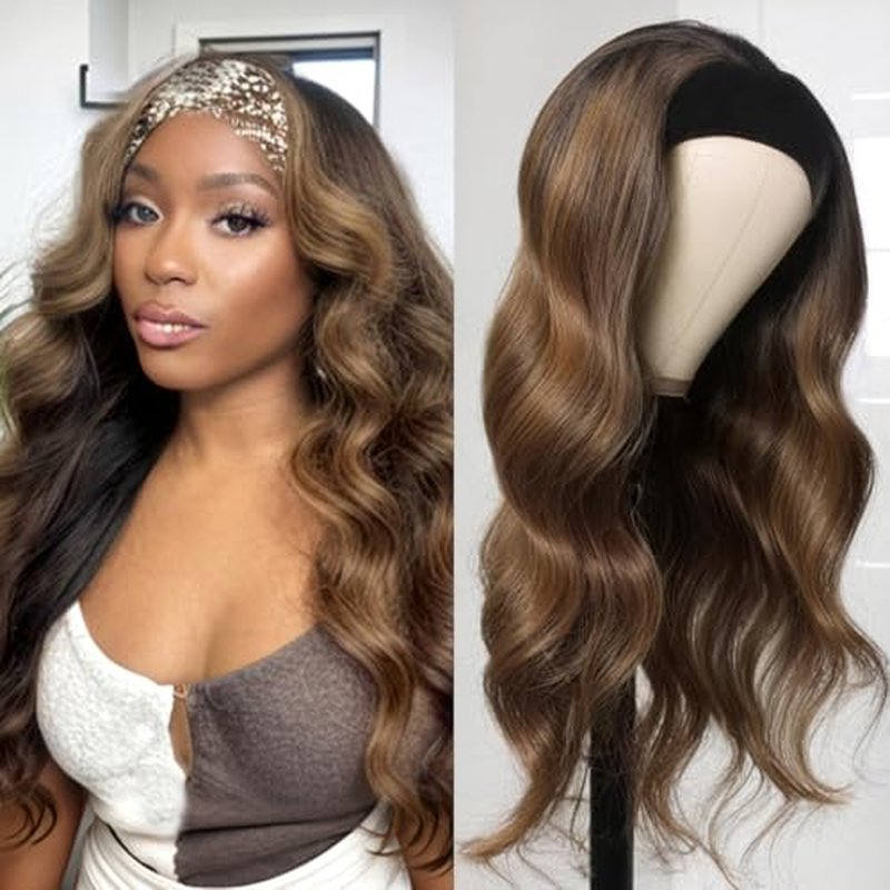 Headband Wig Human Hair Body Wave Highlight Ombre Headband Glueless None Lace Front Wig Brazilian Virgin Hair 24 Inch Wear and Go Wigs for Black Women 150% Density