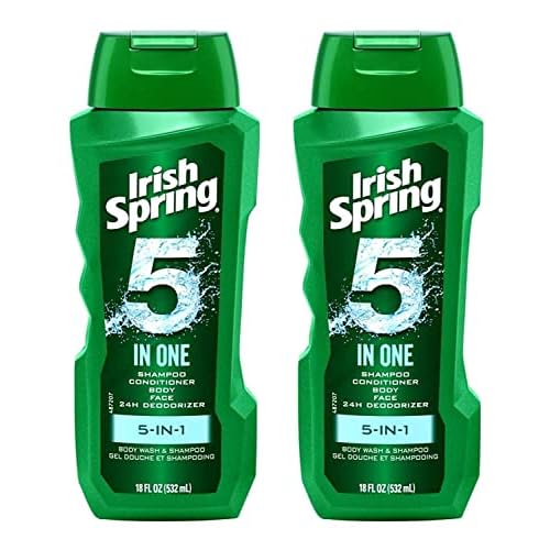 Irish Spring 5-in-1 Shampoo, Conditioner, Body Wash, Face Wash and Deodorizer, 18 oz (Pack of 2)