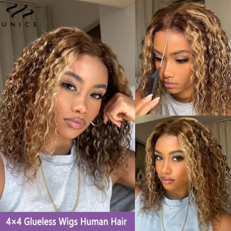 Glueless Wigs Human Hair Pre Plucked Pre Cut 4/27 Highlight Ombre Honey Blonde Curly Wigs Human Hair for Beginners 4x4 Deep Wave Lace Closure Glueless Wigs for Black Women 18 Inch