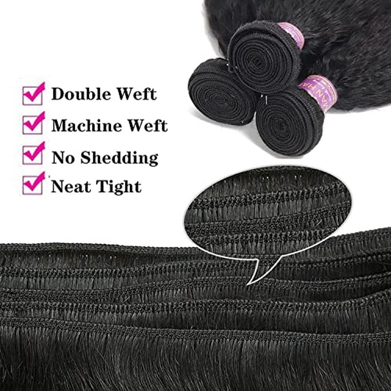 Kinky Straight Human Hair Bundles With 4x4 Lace Closure Free Part 14 14 14+12 Inch Natural Black 100% Unprocessed Brazilian Virgin Yaki Straight Hair Extensions (14 14 14+12Closure)