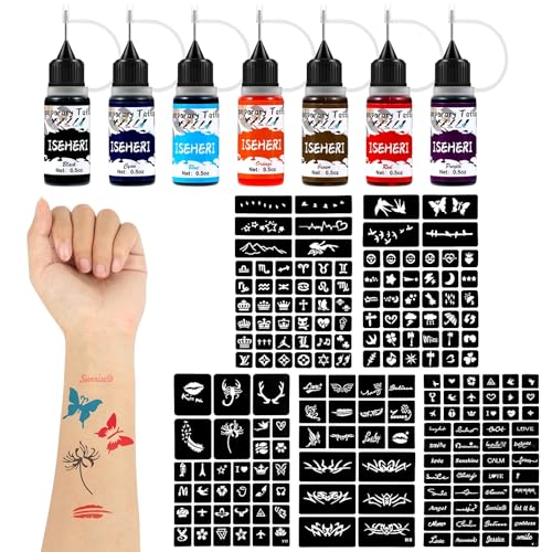 Temporary Tattoo Kit 7 Bottles Color Inks,183 Pcs Stencils Kit for Body Paint DIY Fake Tattoos for Kids(black, brown, red, cyan, Blue, Orange, Purple)