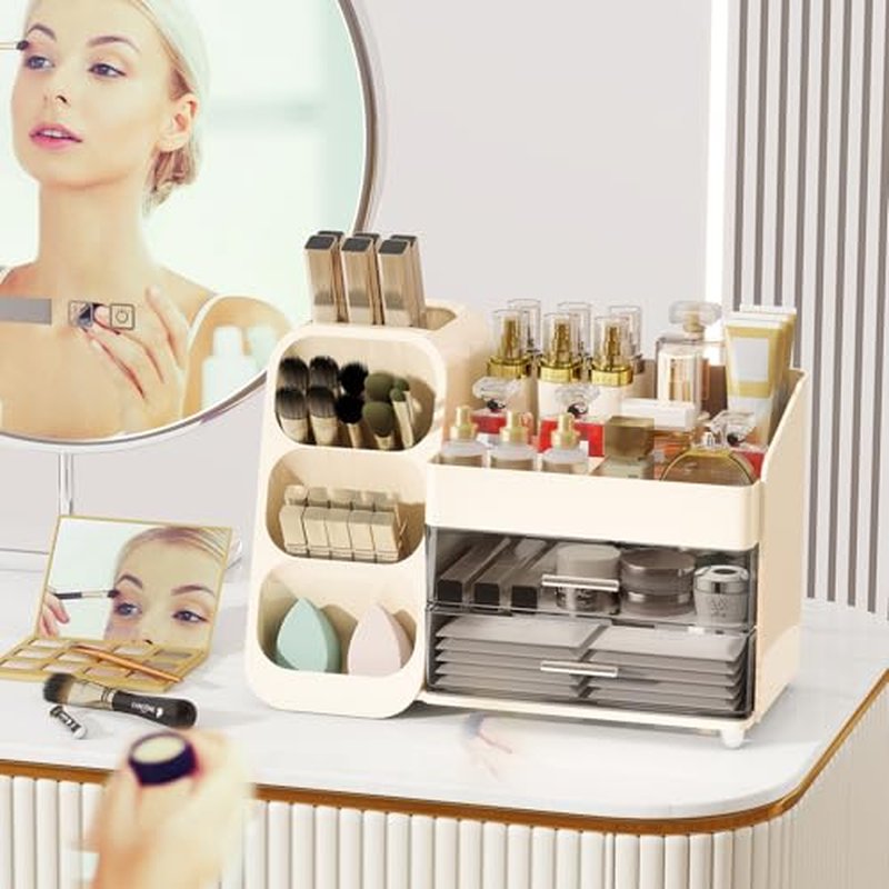 Makeup Organizer for Vanity,Vanity Organizer with Drawers and Brush Holder,Bathroom Make Up Organizer Countertop,Large Cosmetic Organizer for Skincare, Perfume,Lipsticks,Nail Polish (Cream)