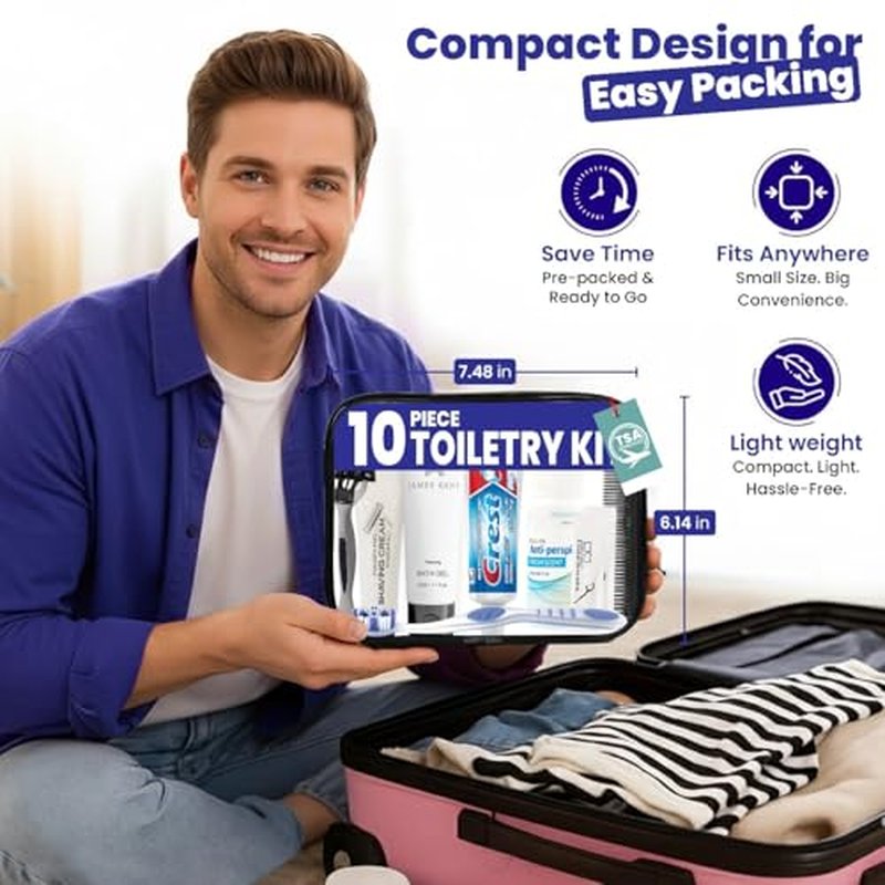 Trektote Travel Toiletry Kit For Men And Women ? 10 Piece Set of Travel Size Toiletries, TSA Compliant, Includes Body Wash, Deodorant, Shaving Cream And Razor, Oral Care, Reusable Toiletry Bag & More