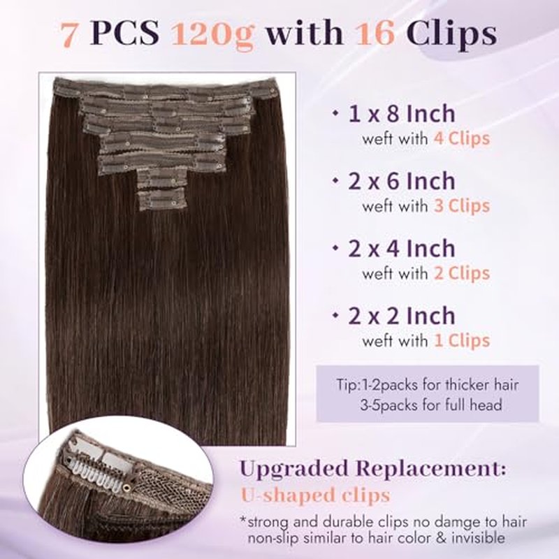 Clip in Extensions Real Human Hair Dark Brown Remy Lace Weft 18 Inch 7PCS 120g for Women