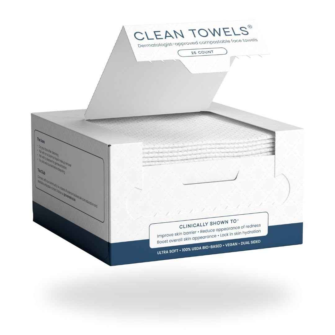 Clean Skin Club Clean Towels®, 100% USDA Biobased Face Towel, Disposable Face Towelette, Eczema Association Accepted, Makeup Remover Dry Wipes, Ultra Soft, 25 ct per pack, 2 Packs, 50 Ct Total