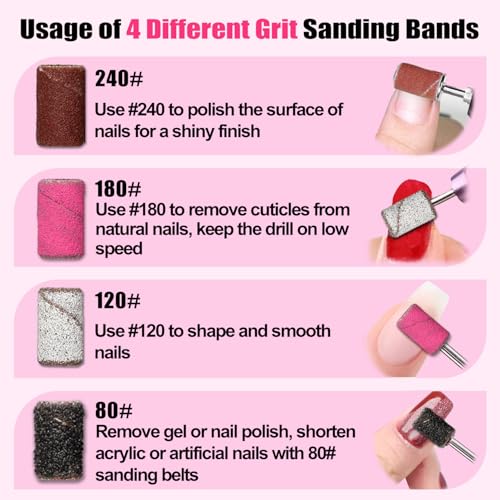 Nail Drill Bits, 135 Pcs Sanding Bands for Nail Drill, Nail Tips for Drill Bits Nail Tech, Mix 80#120#180#240# Fine Grit File Sanding Bands for Acrylic Gel Manicures Pedicure