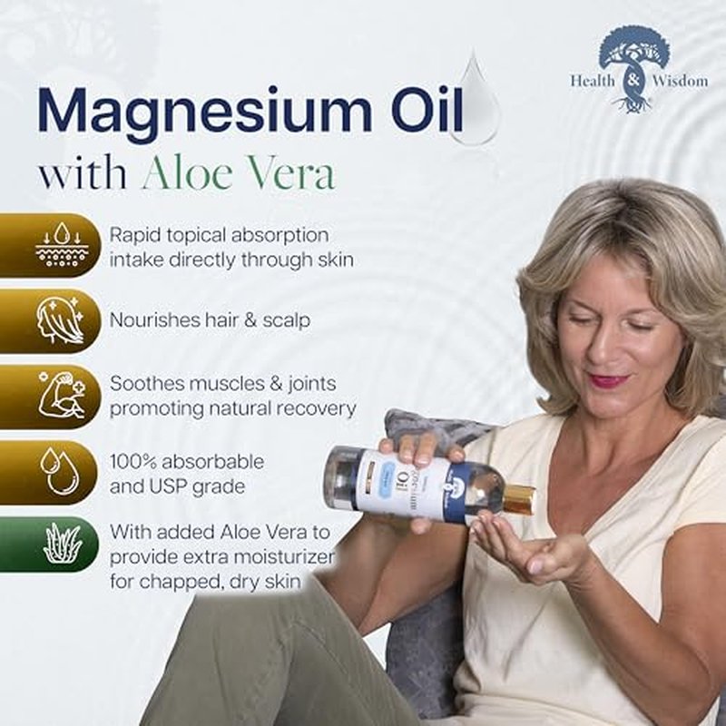 Health & Wisdom Pure Magnesium Oil with Aloe Vera - Topical Muscle & Joint Relief- Natural and Pure Skin Moisturizer - Enhanced Absorption - 128 fl oz