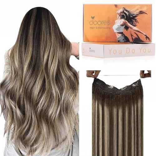 DOORES Wire Hair Extensions 14 Inch 75g Remy Human Wire Hair Extensions Invisible Transparent Line Adjustable Hairpieces Secret Extensions Straight Hair Balayage Chocolate Brown to Honey Blonde