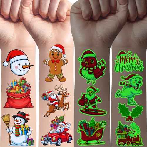 Glow In Dark Christmas Temporary Tattoos | Luminous Christmas Tattoos Xmas Decorations Party Favors Supplies Goodie Bags Stocking Stuffers Gift Idea For Kids Teen Adult Xmas Santa Claus Reindeer-60Pcs