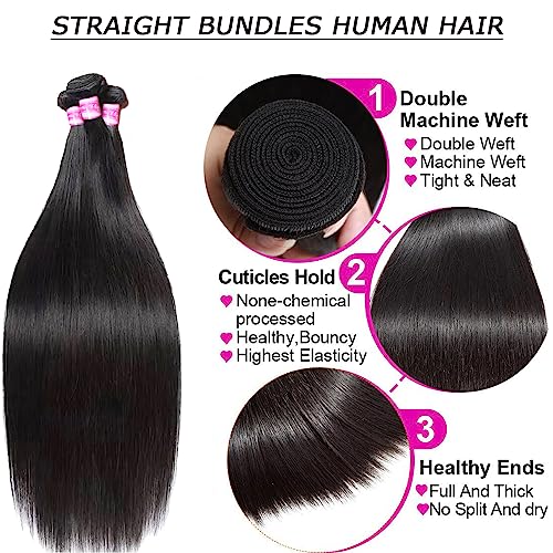 Straight 3 Bundles Human Hair 100% Unprocessed Virgin Brazilian Hair Bundles 10 12 14 Inch Short Raw Weave Bundles Human Hair Natural Black Clolor for Women