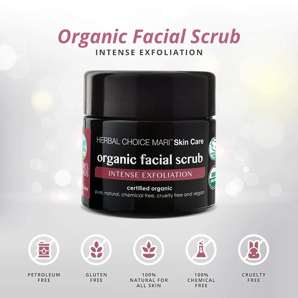 Organic Facial Scrub by Herbal Choice Mari (3.4 Fl Oz Glass Jar) - Intense Exfoliating Face Wash with Brown Sugar, Sea Salt, Shea Butter, and Grape Seed - For Dry Skin - No Toxic Chemicals