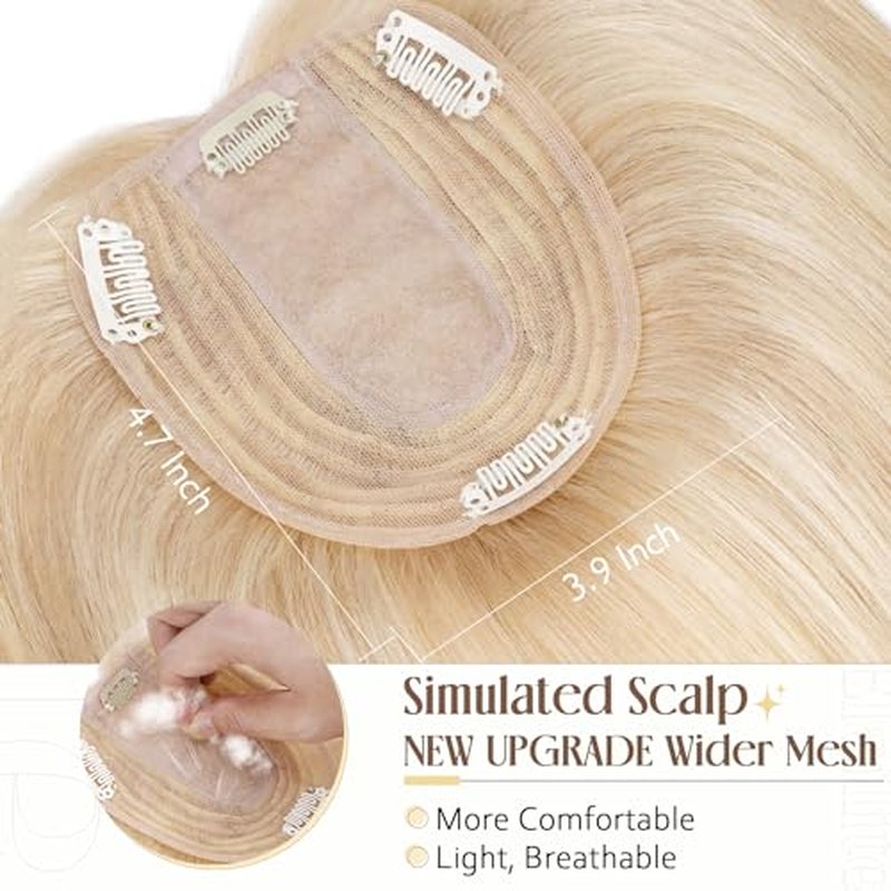Elailite Human Hair Toppers for Women Real Human Hair Thin 4.7"x3.9" Silk Base Clip in Remy Hairpieces 8 Inch Sandy Blonde mix Bleach Blonde