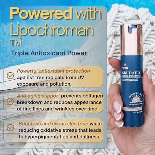 SRILabs Daily Facial Sunscreen - SPF 40 - Anti-Aging with Lipochroman & Peptides - Transparent Zinc Oxide - Universal tint & Weightless - 1.7 OZ