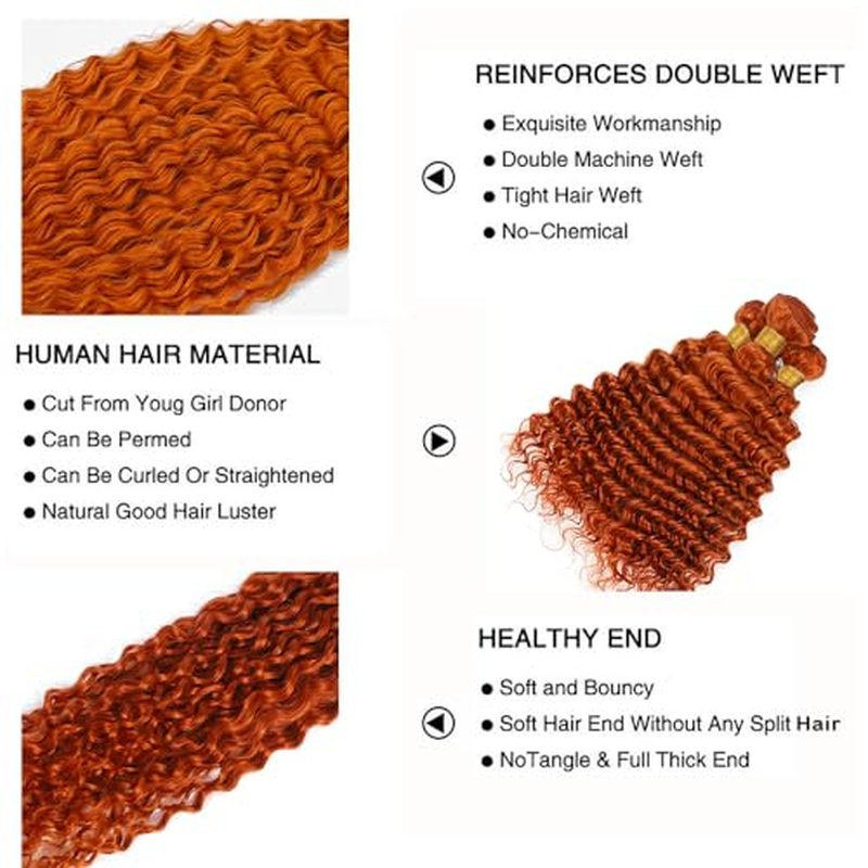 24 26 28 Inch Ginger Human Hair Bundles Color 350 Deep Wave Orange Hair Extensions