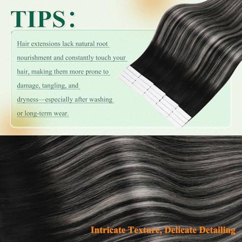Easyouth 24 Inch Tape in Hair Extensions Human Hair Ombre Human Hair Tape in Extensions Off Black Fading to Silver Mixed Natural Black Hair Extension Tapes in 50g 20pcs