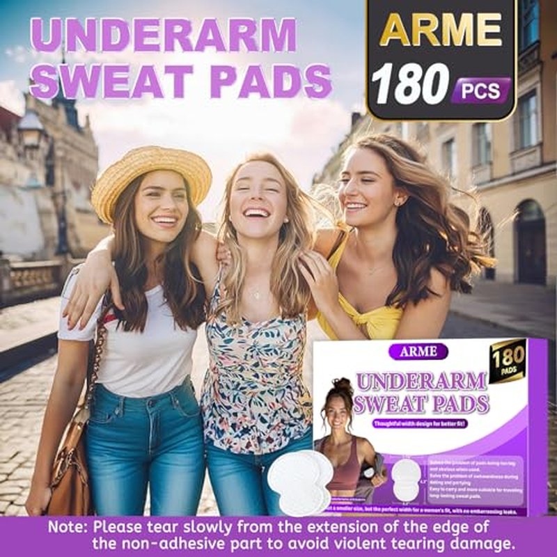 Arme 180 Pcs Armpit Sweat Pads, Underarm Sweat Pads for Women, Disposable Antiperspirant Sweat Pads for Under Arms, Arm Pit Sweat Guards, Invisible Sweat Free Armpit Protection for Hyperhidrosis