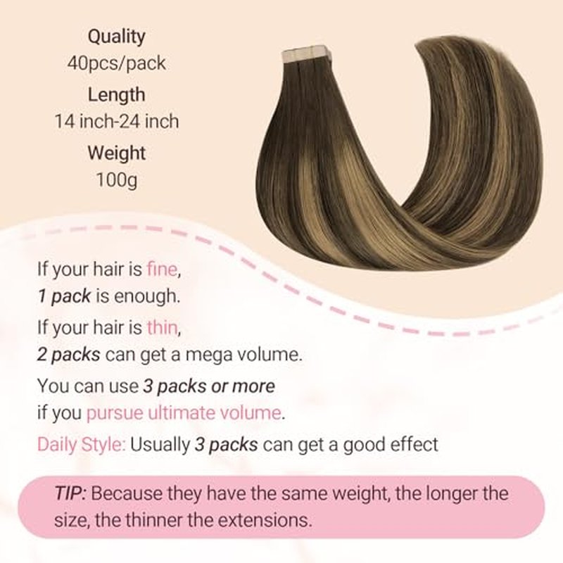 MAXITA Tape in Hair Extensions Human Hair 4/27/4 Chocolate Brown Mixed Caramel Blonde Balayage 18 Inch 100g 40pcs Thick Ends Straight Seamless Tape ins Remy Invisible Tape in Extensions Human Hair