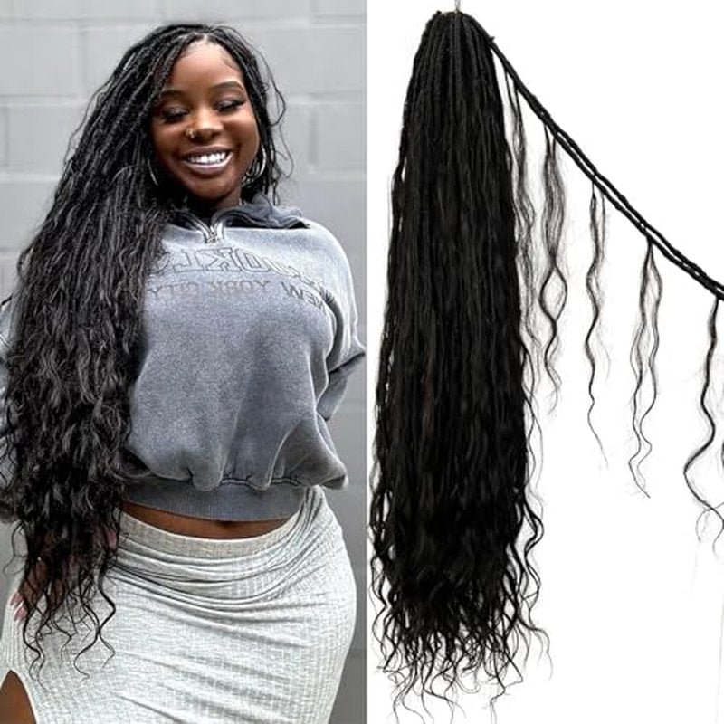 Locs Human Hair Crochet Boho Extensions Pre Looped Goddess Body Wave Curly Ends Knotless Box Braids Faux Locs For Women 26 Inch 24Strands