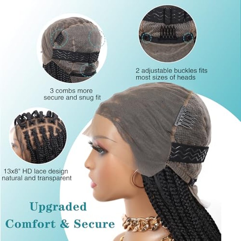 Kalyss 12inch 13x8 HD Lace Front Short Boho Braided Wigs for Women Full Lace Knotless Braided Wig with Bohemian Curly Box Braid Wig with Baby Hair Natural Black Premium Synthetic Braid Wigs