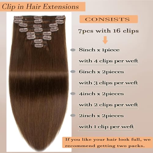 Clip in Hair Extensions Real Human Hair Straight 16 Inch Chocolate Brown 7pcs 120g Clip ins Hair Extensions Brazilian Remy Human Hair 16 Clips Double Weft Human Hair For Women